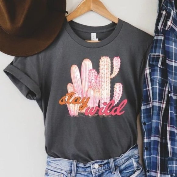 Whiskey Kiss Tops - STAY WILD PINK CACTUS Handmade Graphic Tee